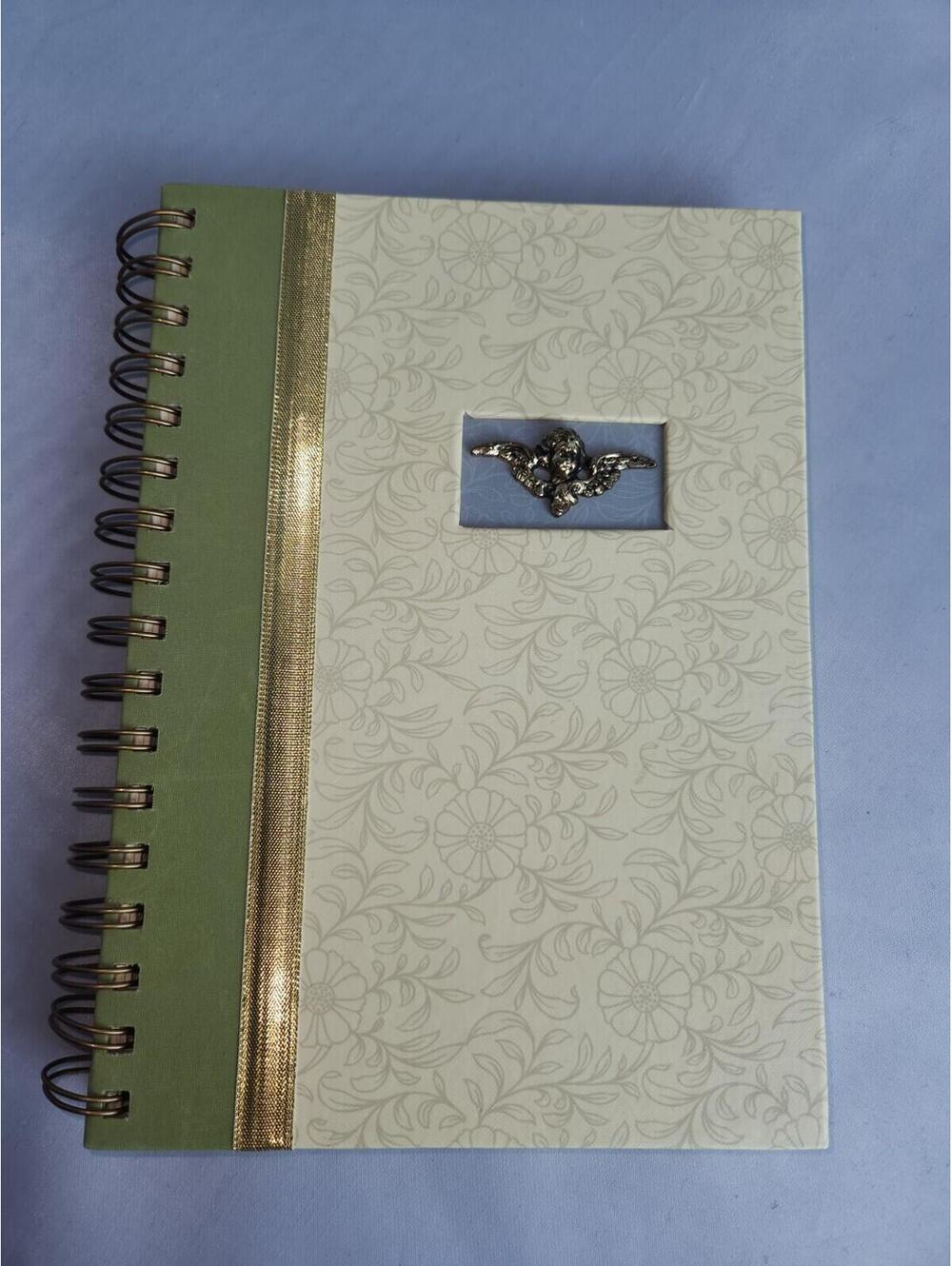 New Seasons, diary, memo, cream & green, floral, embossed pages, metal angel